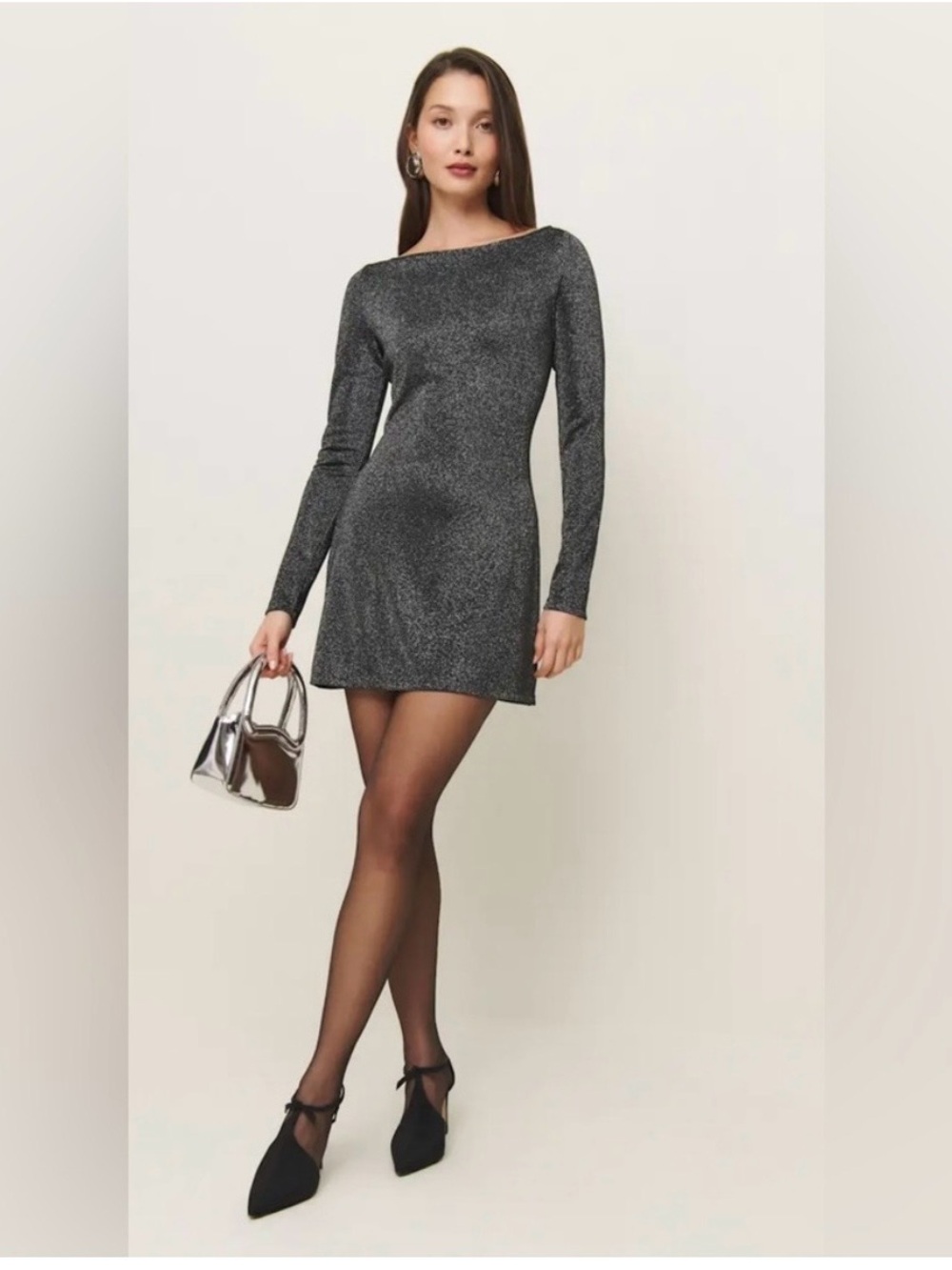Reformation Jaelynn Silver-Black Metallic Long-Sleeve Mini Dress